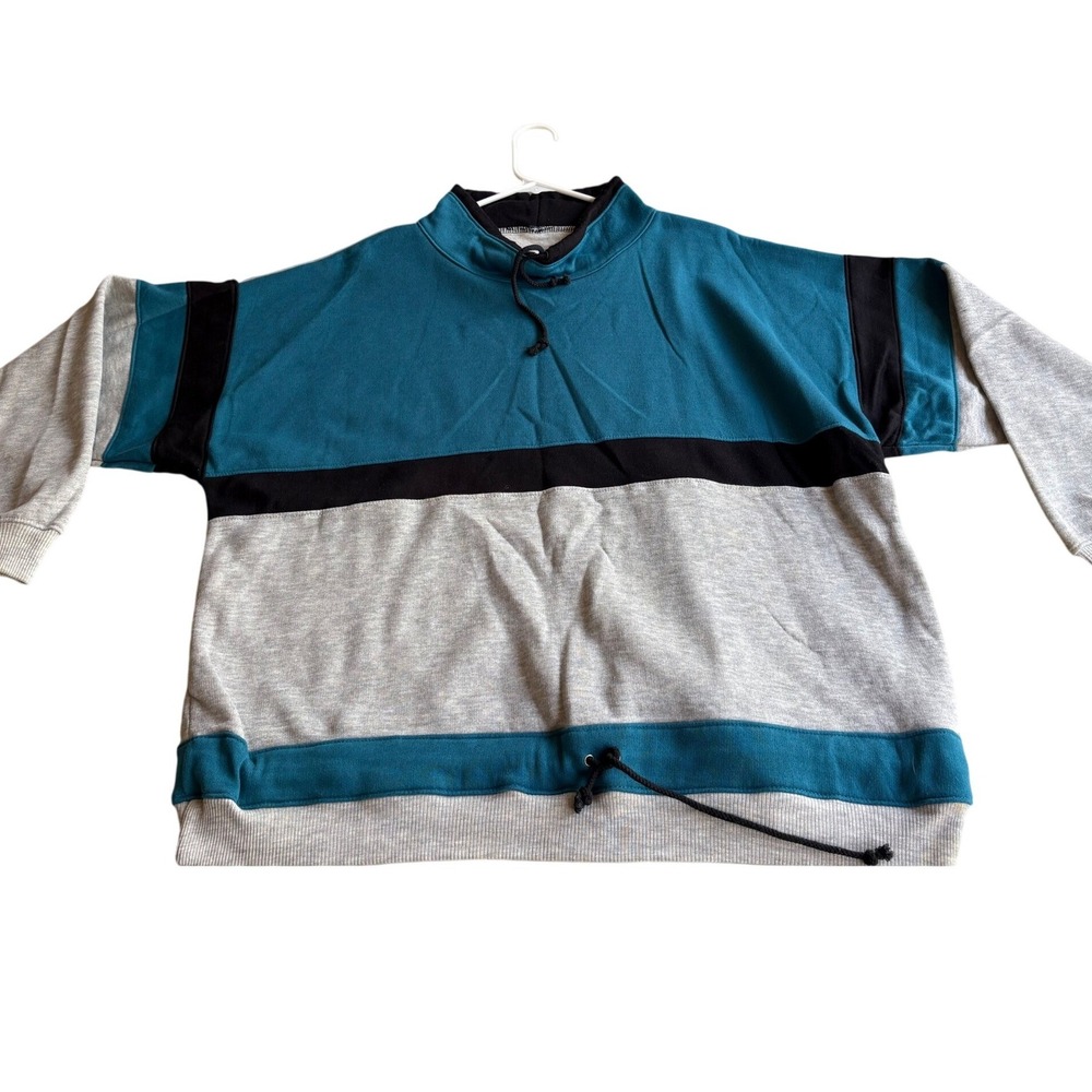Vintage Gitano Colorblock Mock Neck Sweatshirt Teal Grey Black Large 90s Retro